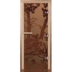 Дверь для бани Сила Алтая Мишки Бронза матовое 190х70мм стекло 8мм лиственная коробка 3 петли