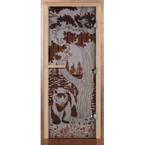 Дверь для бани Сила Алтая Мишка в лесу Сатин 190х70мм стекло 8мм лиственная коробка 3 петли